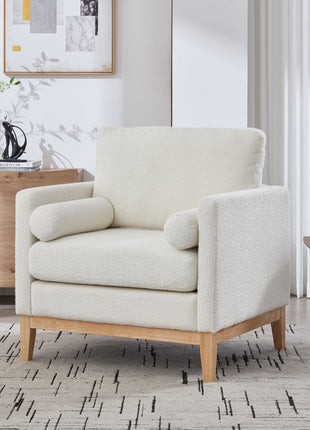 35.4' Wide Modern Farmhouse Performance Accent Chair with Natural Wood Legs, Wood Base Reading Armchair Single Sofa with Two Bolster Pillows for Living Room Offices and Lounge, Ivory Boucle.-4