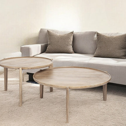 Set of Two Brown Solid Wood Round Nested Coffee Tables-0