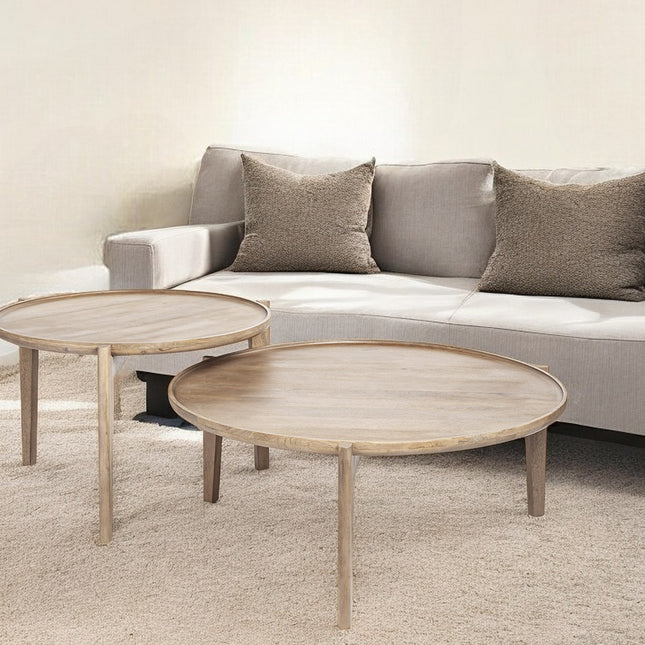 Set of Two Brown Solid Wood Round Nested Coffee Tables-0