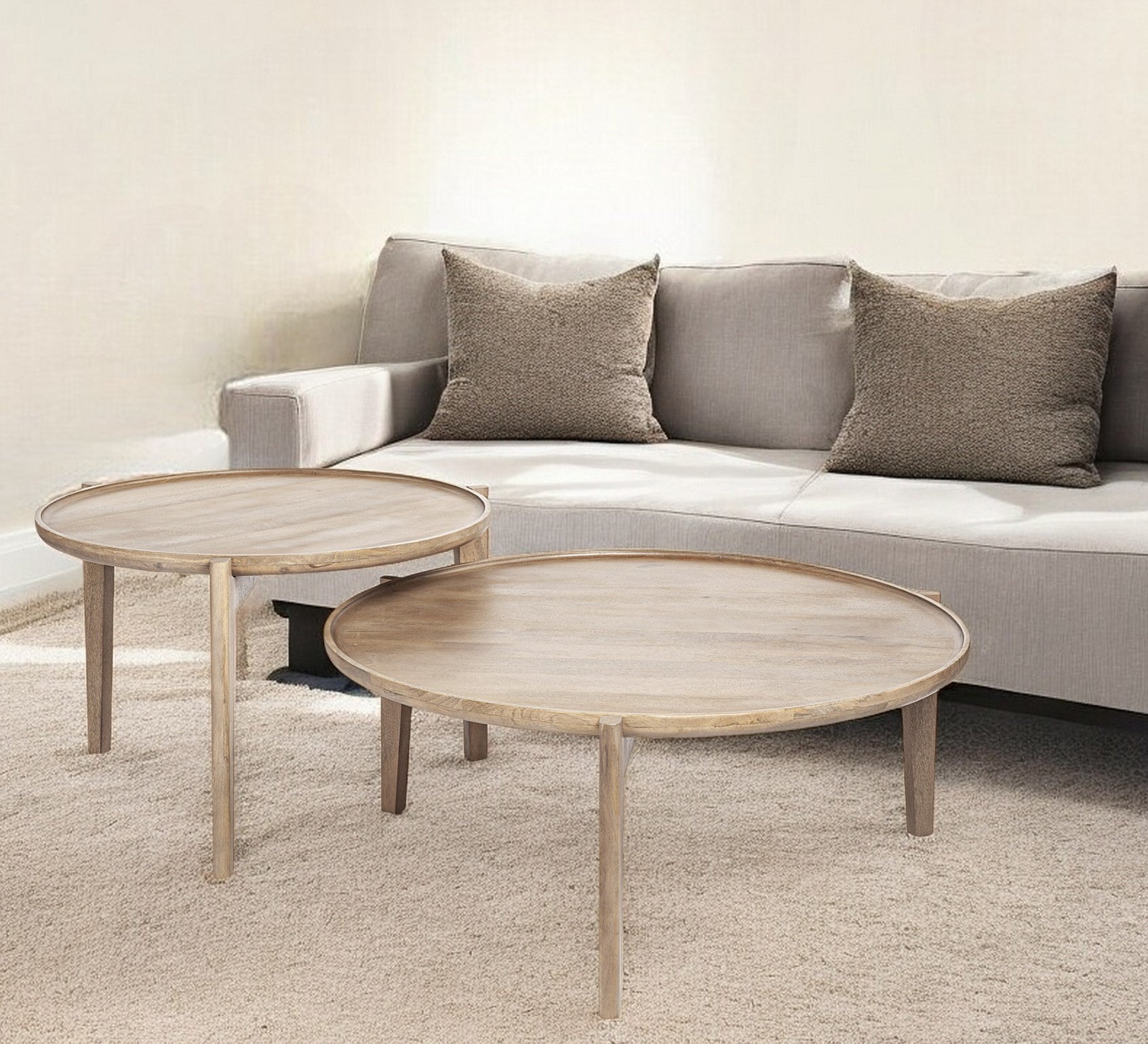 Set of Two Brown Solid Wood Round Nested Coffee Tables-0
