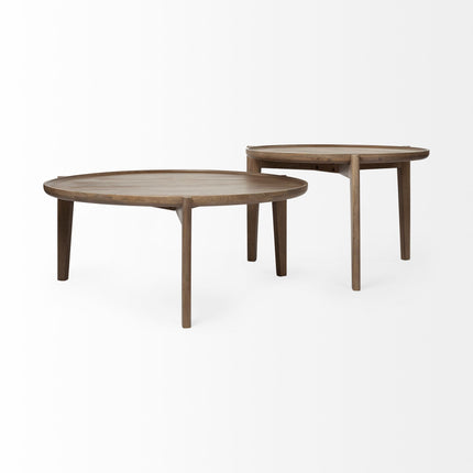 Set of Two Brown Solid Wood Round Nested Coffee Tables-2