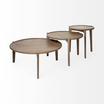 Set of Two Brown Solid Wood Round Nested Coffee Tables-5
