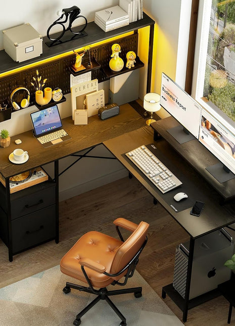 L Shaped Desk with Pegboard, Reversible Computer Desk with Drawers & Storage Shelves, Gaming Desk with LED Lights & Power Outlets, Office Desk with Monitor Stand Corner Desk Home Office Desks-0