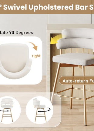 26' Counter Height Bar Stools Set of 2, 180° Swivel Upholstered Barstools with Backs and Metal Legs, Bar Stools for Kitchen Island, Cafe, Pub,-4