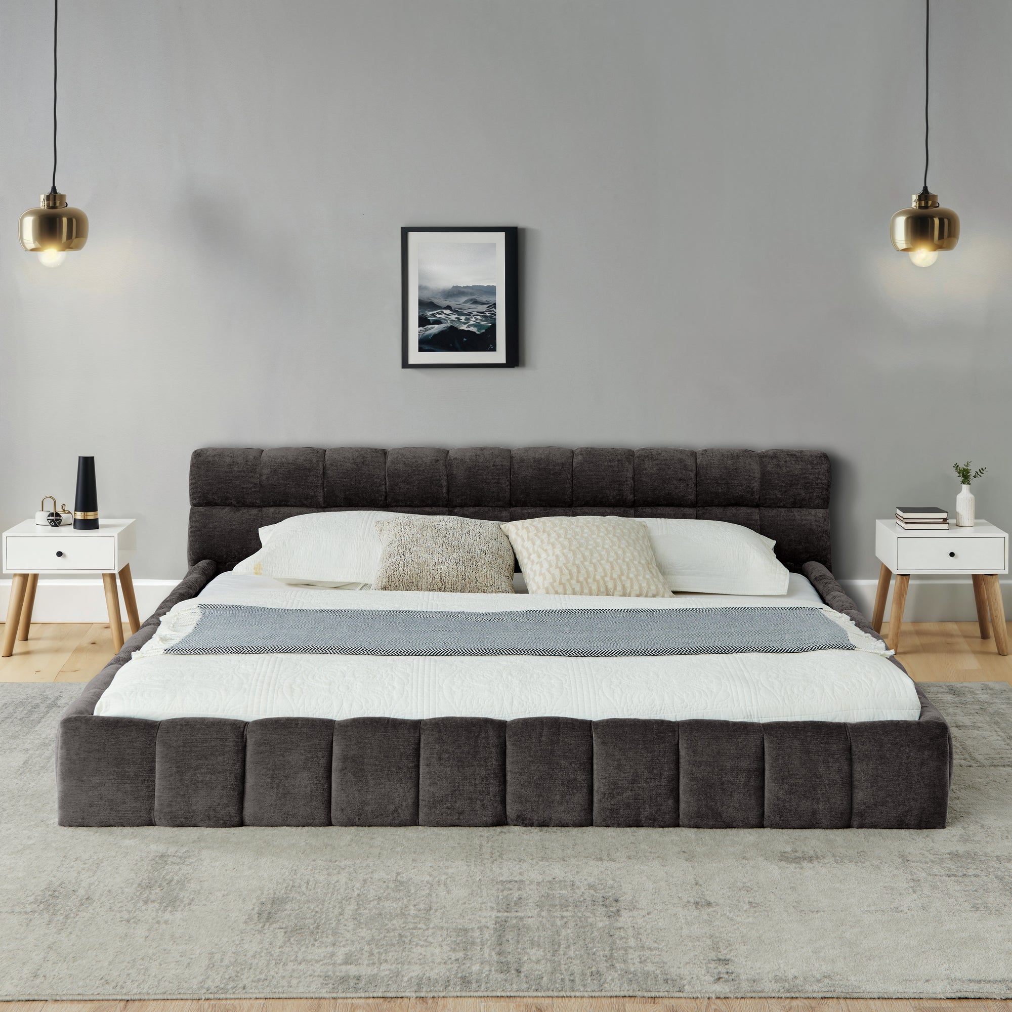 Upholstered Bed Frame with Thick Chenille Fabric, Grounded Platform