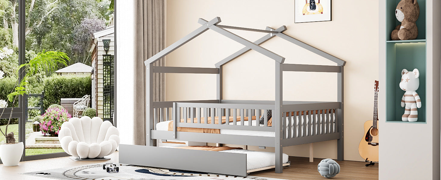 Full Size Wooden House Bed with Twin Size Trundle
