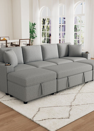 109.1' Sectional Sofa Convertible Pull-out Sofa Bed with Movable Storage Ottoman, Gray Chenille Fabric