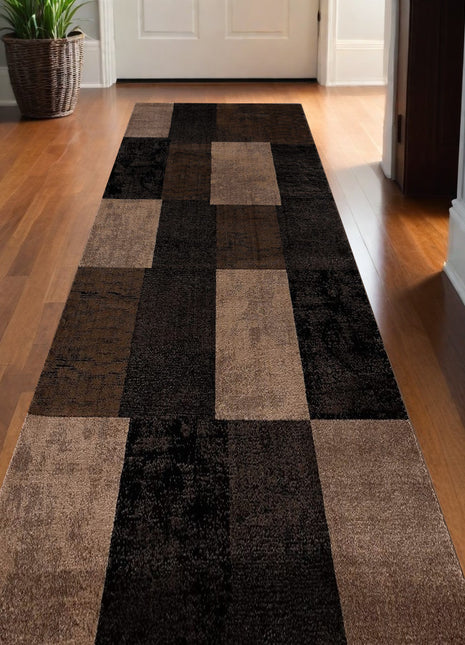 13' Brown And Black Geometric Shag Runner Rug-0