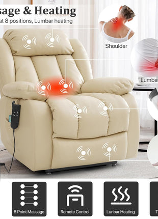 Dual Motor Large Power Lift Recliner Chair Recliners for Elderly, Infinite Position Recliner Chair with Heat and Massage, Breathable Leather(Beige)-2