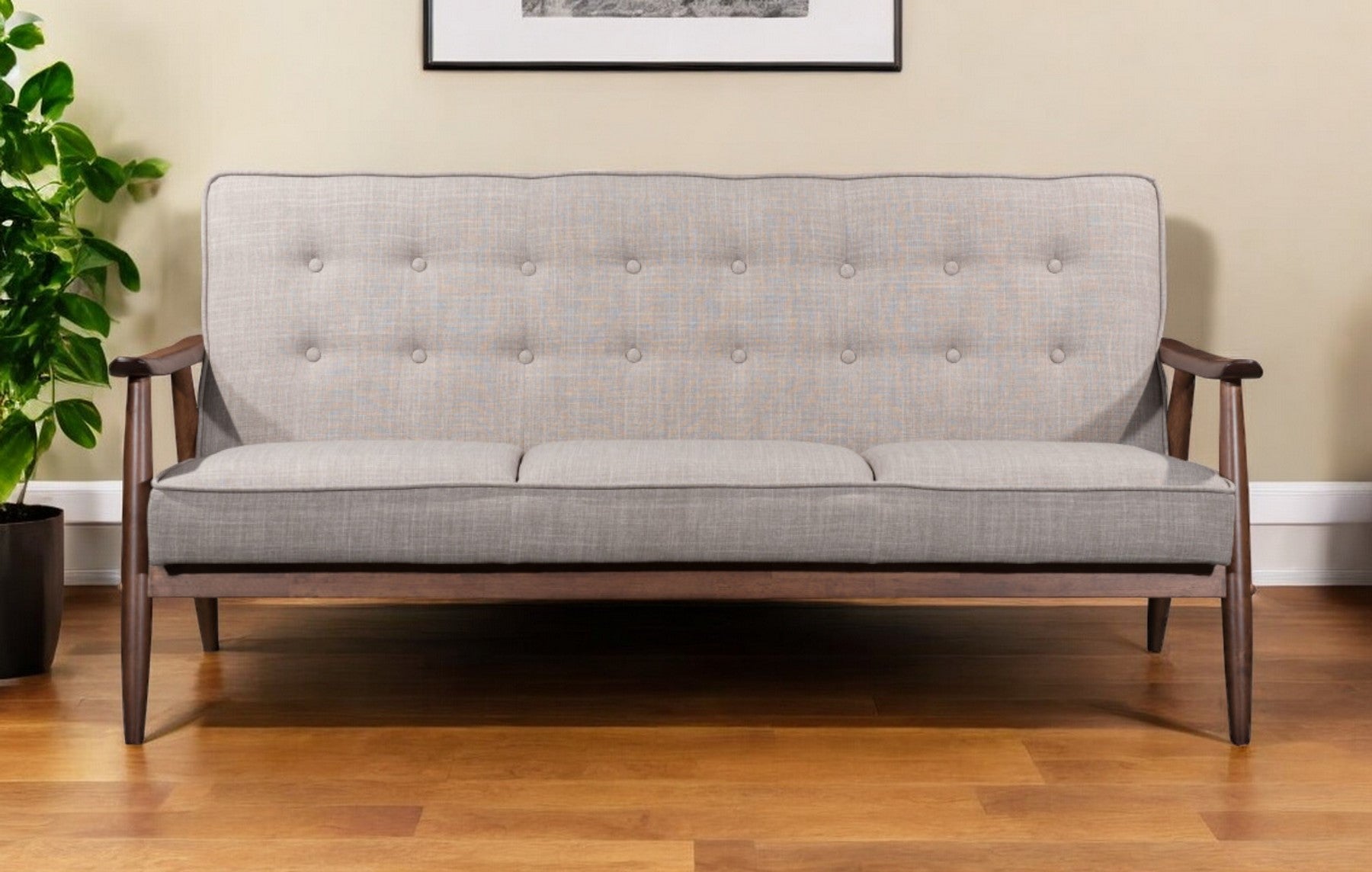 Gray sofa in a room with a plant and framed picture on the wall.