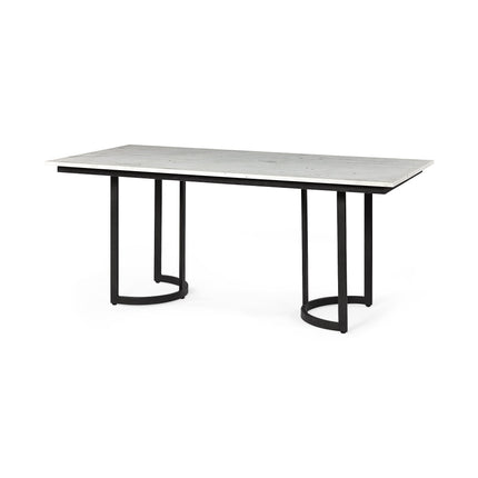 Rectangular table with white marble top and black metal legs on a white background