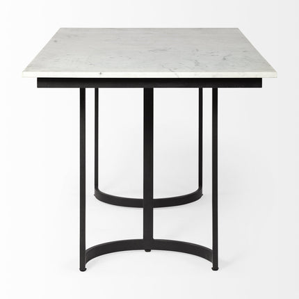 Square table with marble top and black metal legs on a white background