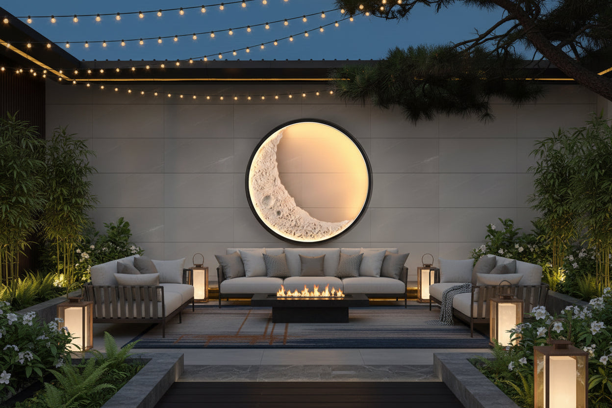 Round moon-shaped wall light on a wooden wall at night