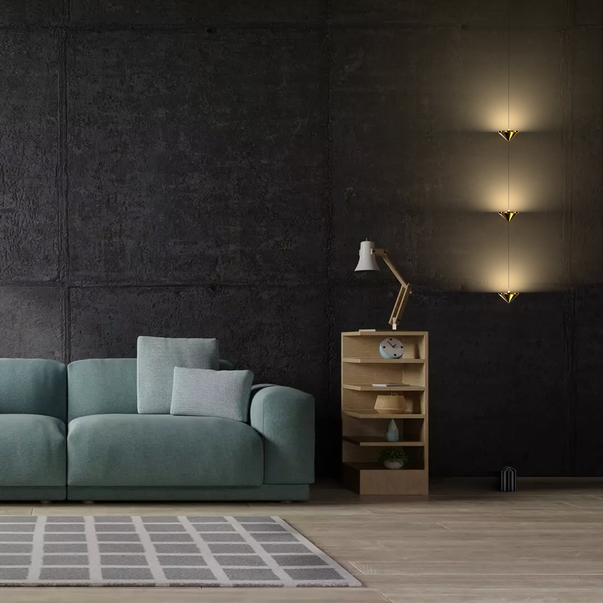 Modern living room with a teal sofa, wooden side table, and wall-mounted lamp.