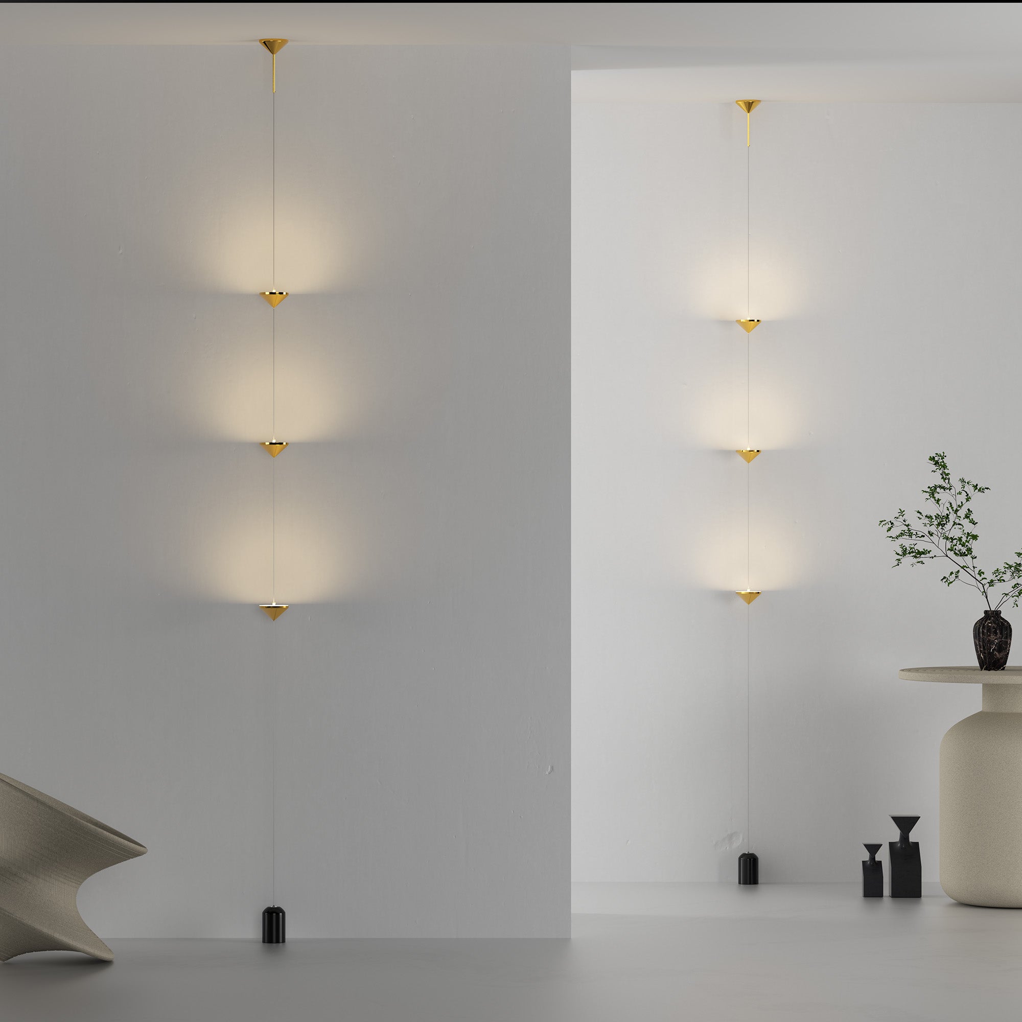 Modern interior design with pendant lights and minimal decor.