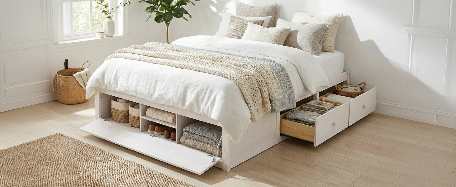 Platform Bed Frame with 4 Storage Drawers and Hydraulic Lift Footboard
