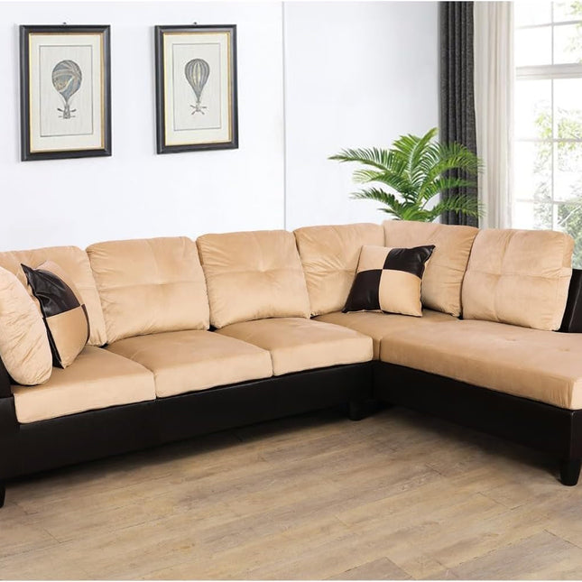 Beige L-Shaped Microfiber Sectional Sofa with Right-Facing Chaise