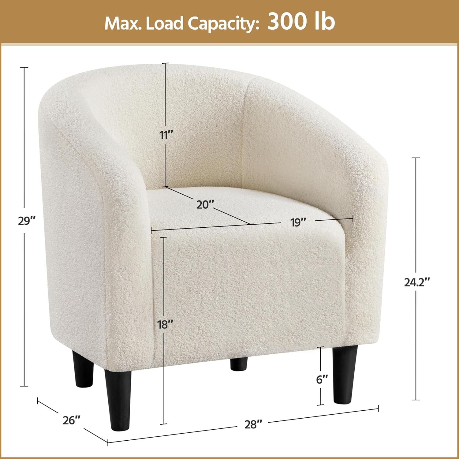 Beige armchair with dimensions and maximum load capacity label