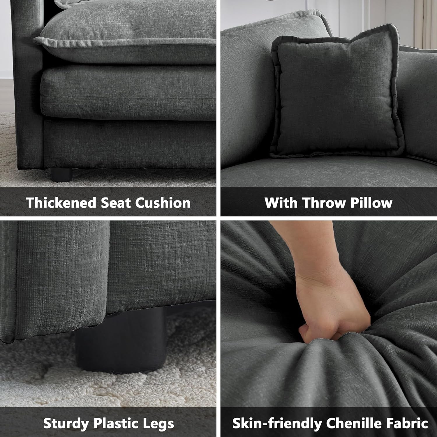 Gray sofa with thick seat cushion, throw pillow, plastic legs, and chenille fabric shown in close-up.