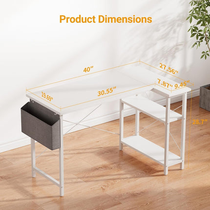 L Shaped Desk, 40 Inch Computer Desk with Reversible Storage Shelves Home Office Corner Desk Study Writing Table, White-2