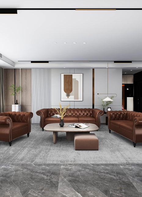3 Piece Living Room Set, Sectional Chesterfield Sofa Chair Contemporary Upholstered Leather Loveseat Couch Sets for Living Room, Bedroom, Office-0