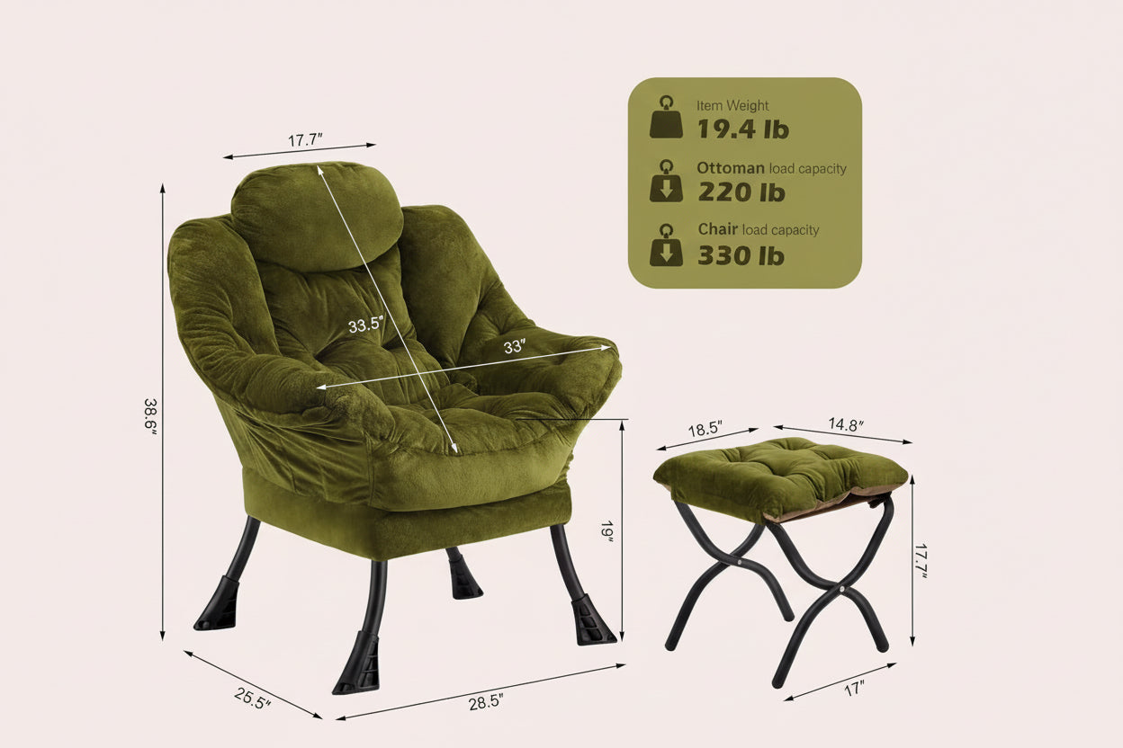 Green armchair and ottoman with dimensions and weight/load capacity information on a beige background.