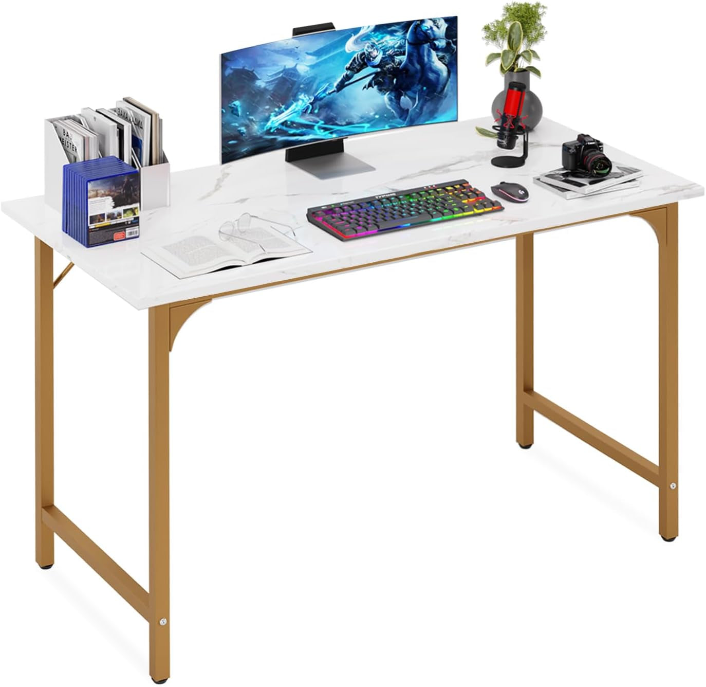 Computer Desk,47 Inches Home Office Desk Writing Study Table Modern Simple Style PC Desk with Metal Frame,Gold-0
