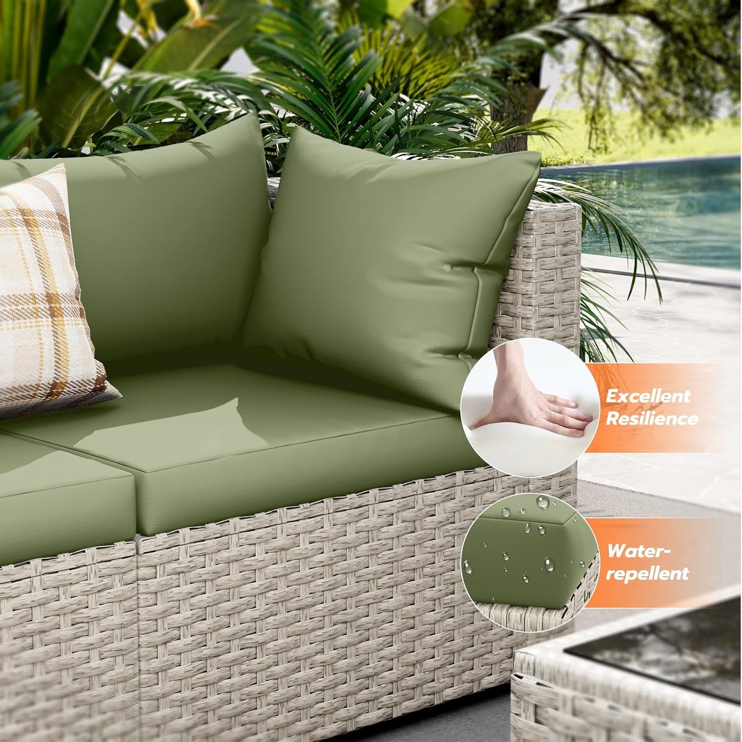 Outdoor wicker sofa with green cushions and water-resistant feature highlighted, set against a poolside background.