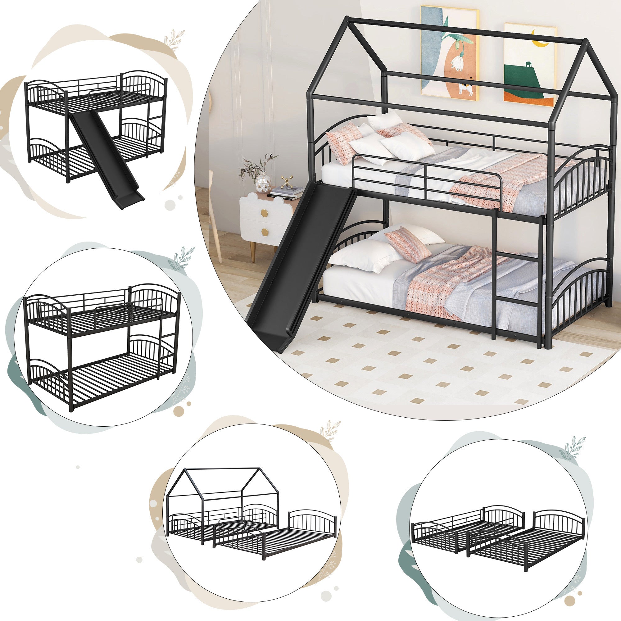 Twin Over Twin Metal Bunk Bed With Slide, Kids House Bed
