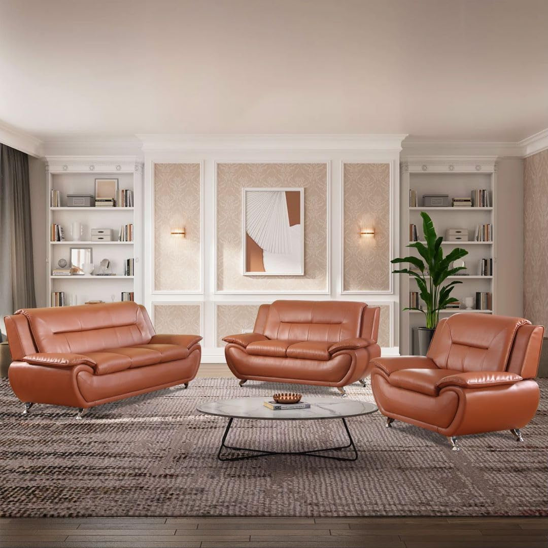 Brown leather sofa set in a stylish living room with bookshelves and artwork.