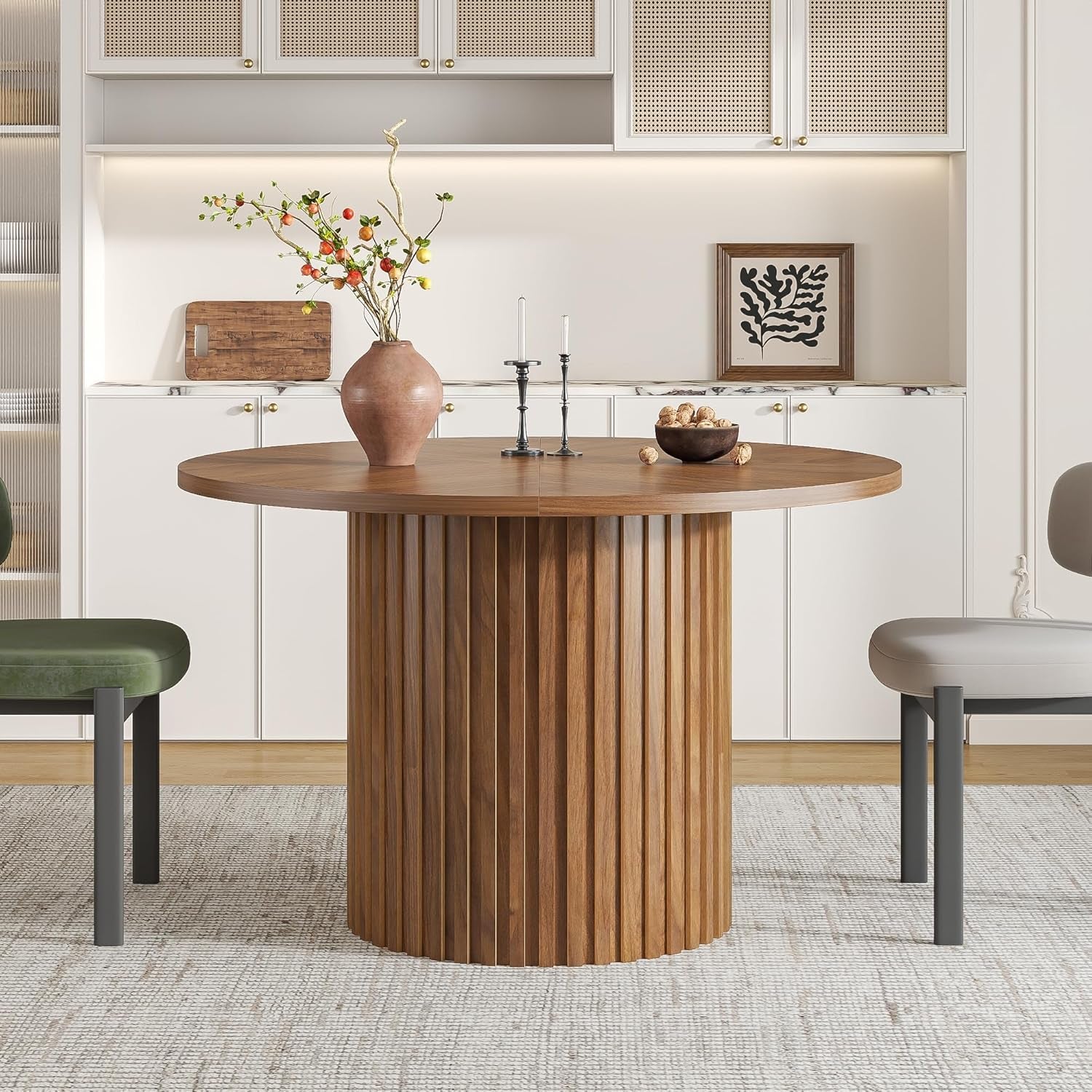 Wooden dining table with decorative items in a modern kitchen setting
