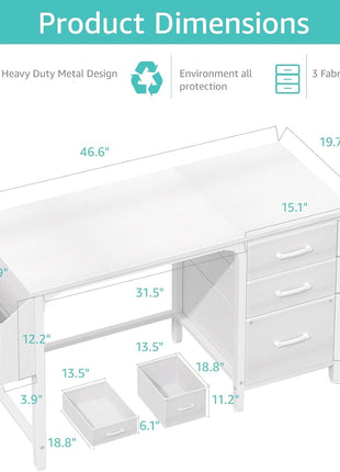 White Computer Desk with Fabric File Drawers Cabinet, 47 Inch Home Office Desks with Filing Cabinet for Small Space, Modern Writing Table PC Desks, White-2