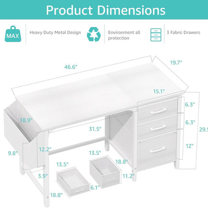 White Computer Desk with Fabric File Drawers Cabinet, 47 Inch Home Office Desks with Filing Cabinet for Small Space, Modern Writing Table PC Desks, White-2
