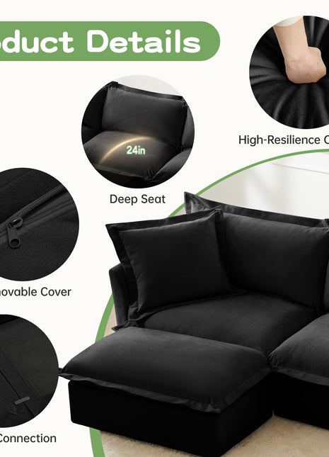 Living Room Sofa Slipcovered Sofa 3 Seater Sofa With 3 Ottomans, Oversized 3-Seat Sleeper Sofa Bed Home Theater Sofa, Chenille, Black