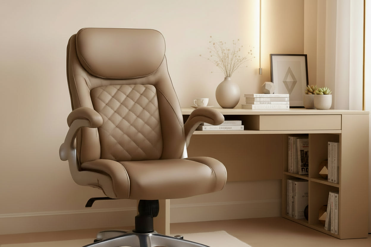 Beige office chair in a home office setting with a desk and decor.