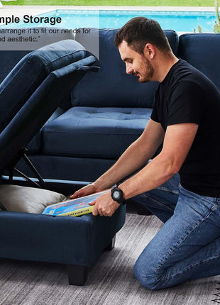 Velvet Modular Sectional Sofa Couch with Storage Convertible Sectional Sleeper Sofa Couch Bed Set with Reversible Chaise Blue-4