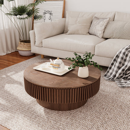 31.5'' Round Coffee Table with Storage Solid Wood Veneered Modern Coffee Table Accent Tea Table for Living Room, Bedroom, Apartment or Office, Walnut-2
