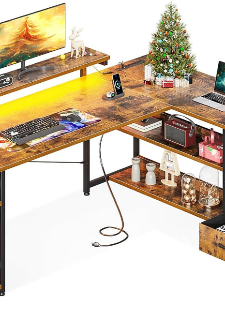 61" L Shaped Desk with Drawer, Computer Desk with Power Outlets & LED Lights, Reversible Corner Gaming Desk for Home Office Workstation, Office Desk with Monitor Shelf, Vintage-0
