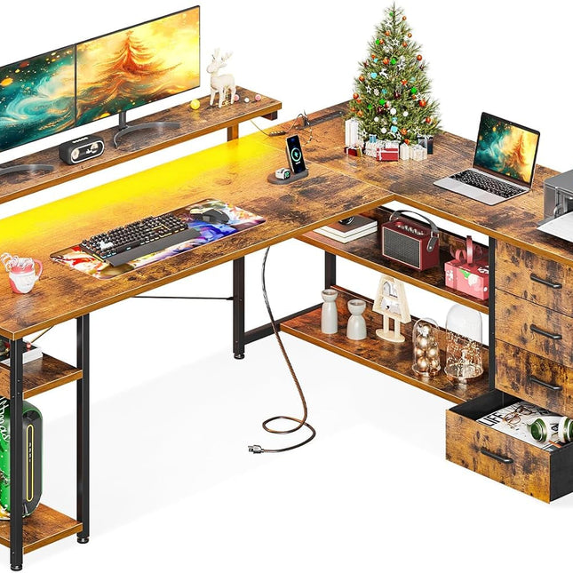 61" L Shaped Desk with Drawer, Computer Desk with Power Outlets & LED Lights, Reversible Corner Gaming Desk for Home Office Workstation, Office Desk with Monitor Shelf, Vintage-0