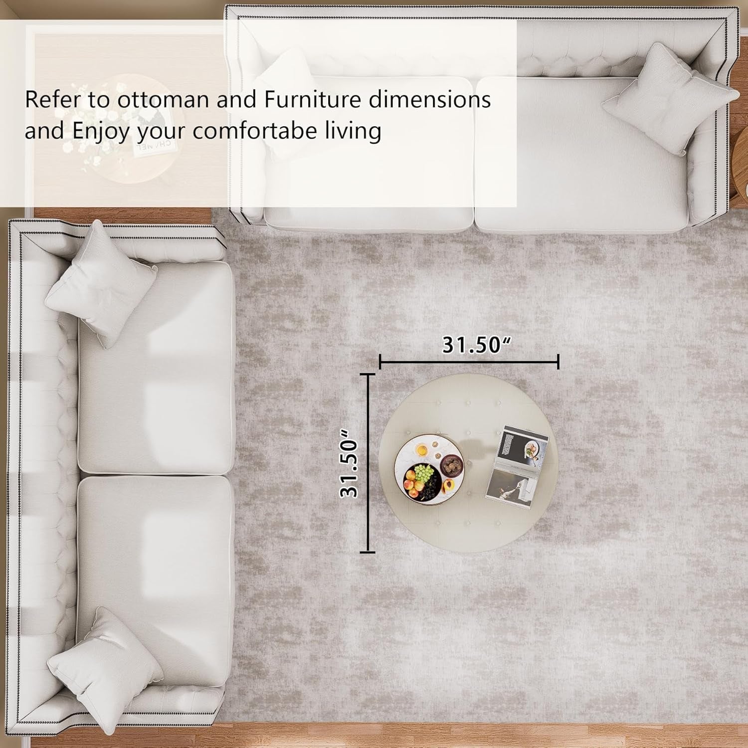 Top-down view of a living room layout with furniture dimensions.
