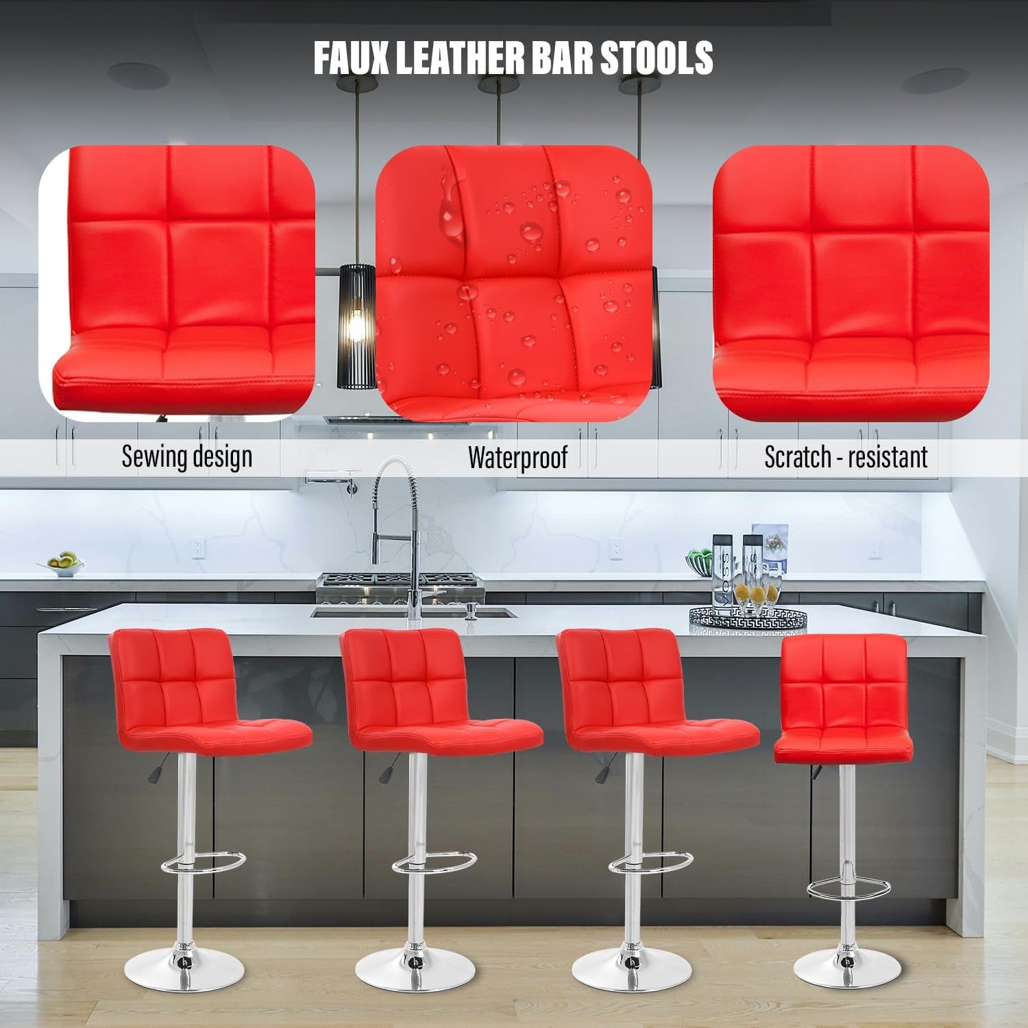 Red faux leather bar stools with features highlighted in a kitchen setting.
