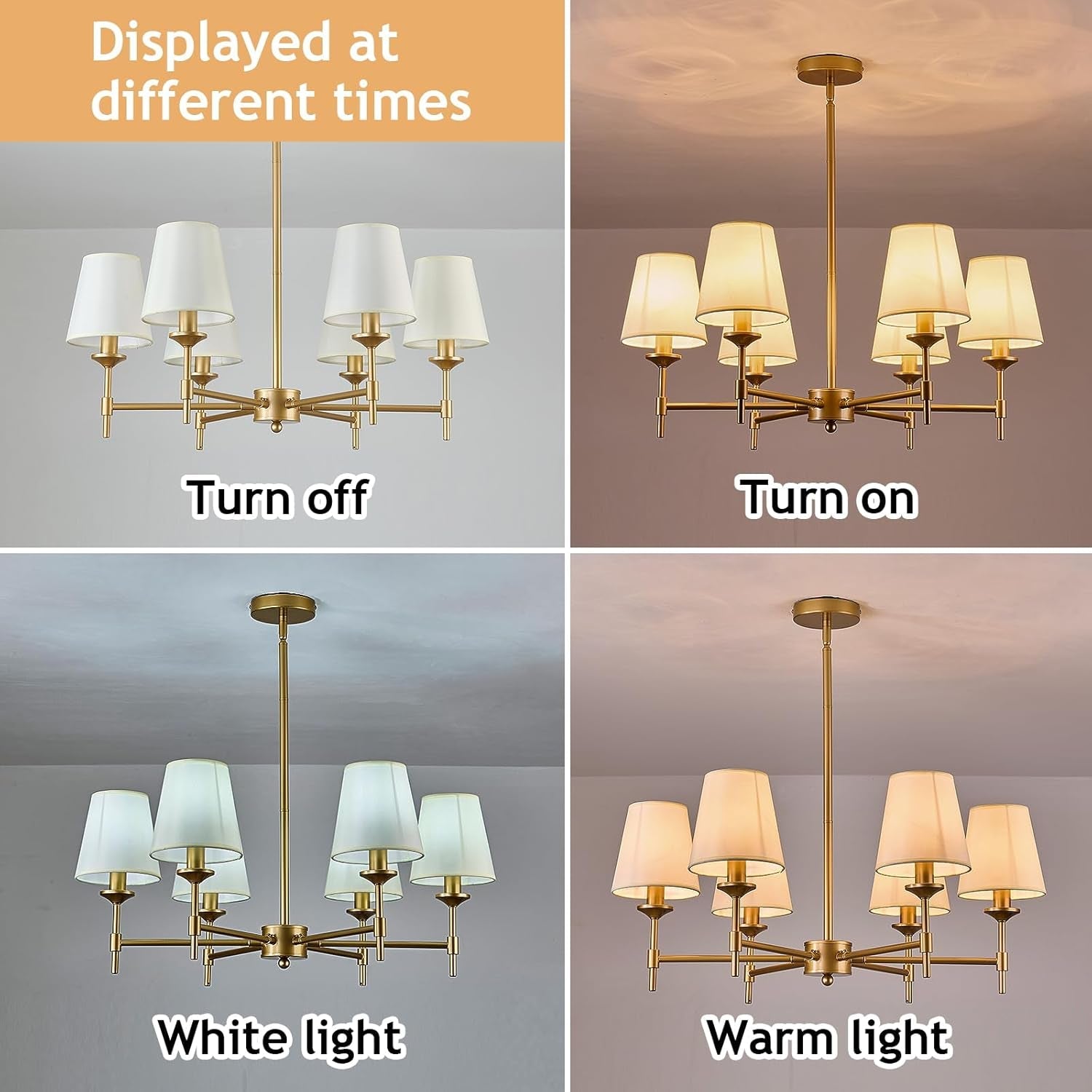 Chandelier showing light output in white and warm light on a plain background.