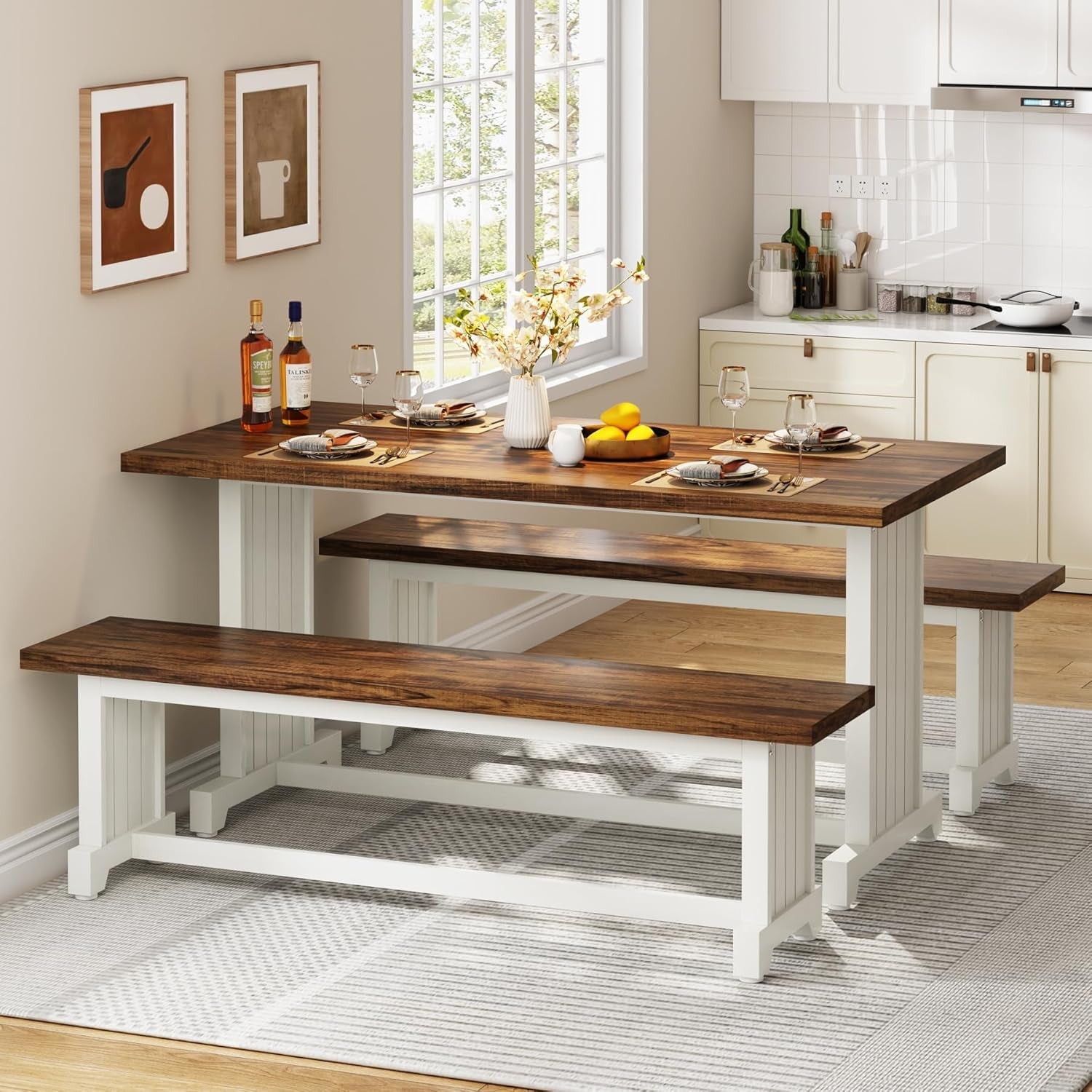 Wooden dining table with benches in a kitchen setting