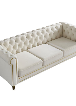 Chesterfield Velvet Sofa 84.65 inch for Living Room Beige Color-2