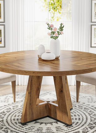 round Dining Table Wood Kitchen Table for Dining Room Living Room, 47" Dinning Room Tables for 4 Adult, Farmhouse Dinner Table with Wooden Tabletop and Cross Base, Burlywood(Only Table)-0