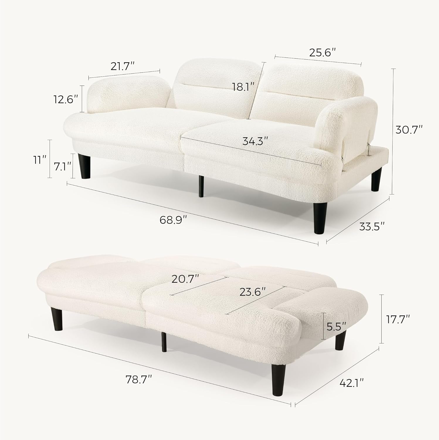 Dimensions of a white sofa and ottoman on a white background