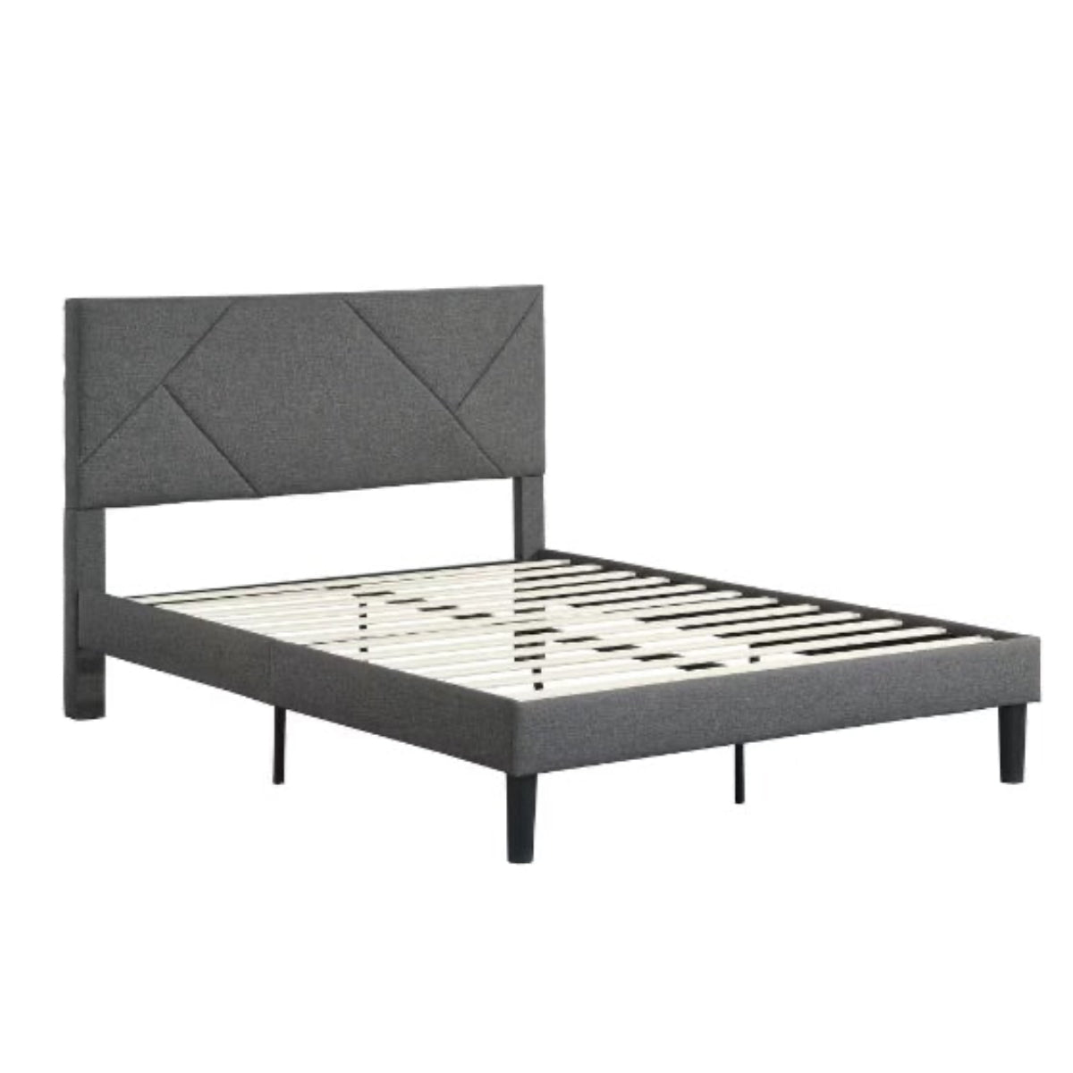 Gray bed frame with a geometric headboard on a white background