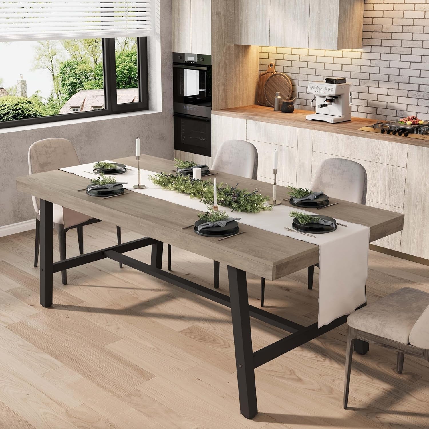 Dining table set with chairs in a modern kitchen
