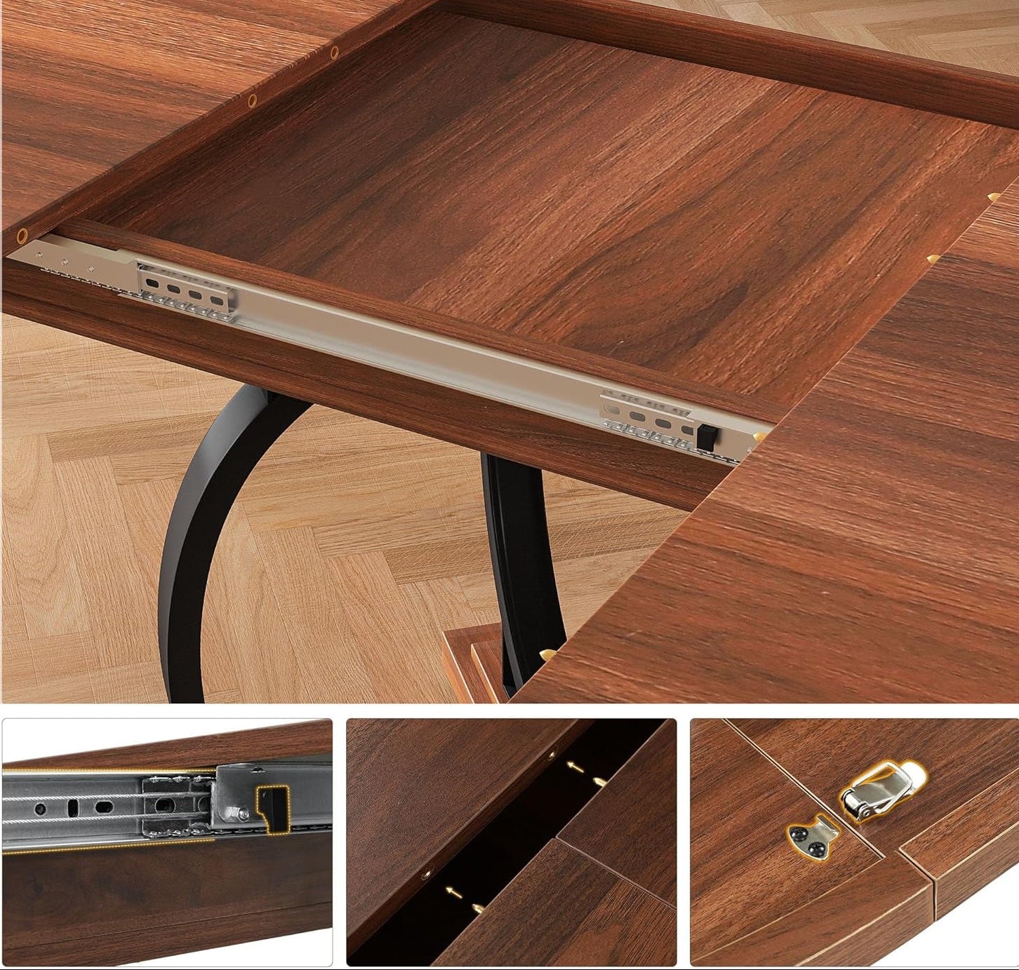 Wooden desk with smooth rail, fast lock, golden fixed lock, and stainless steel spring buckle on a wooden floor.