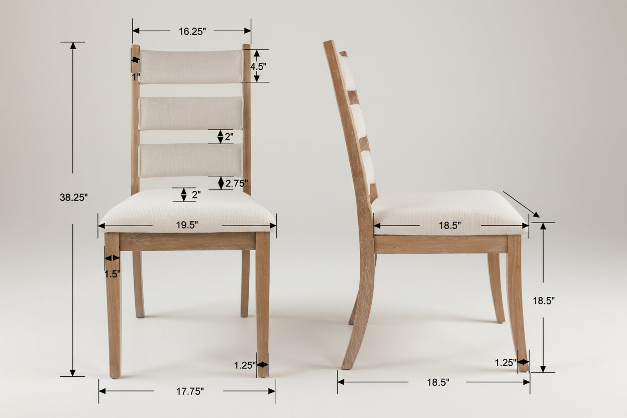 Wooden chair with white cushion and dimensions labeled on a white background